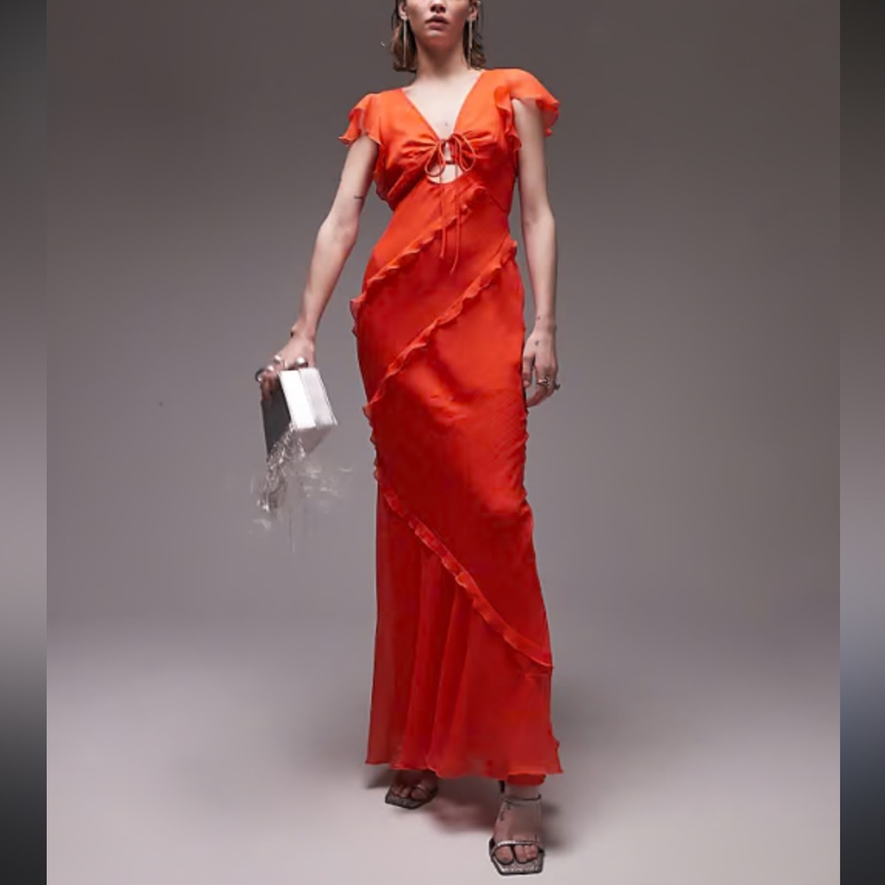 Topshop V Neck Frill Red Maxi Dress
